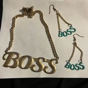 Gold and Green 'BOSS' Necklace and Earring Set